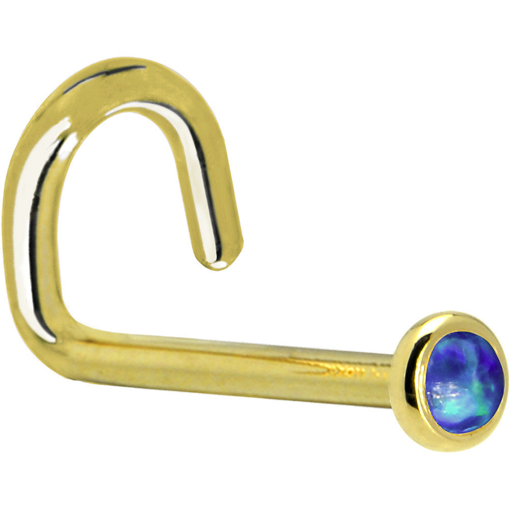 BodyCandy Solid 14K Yellow Gold 2mm Dark Blue Synthetic Opal Nose Ring — back view