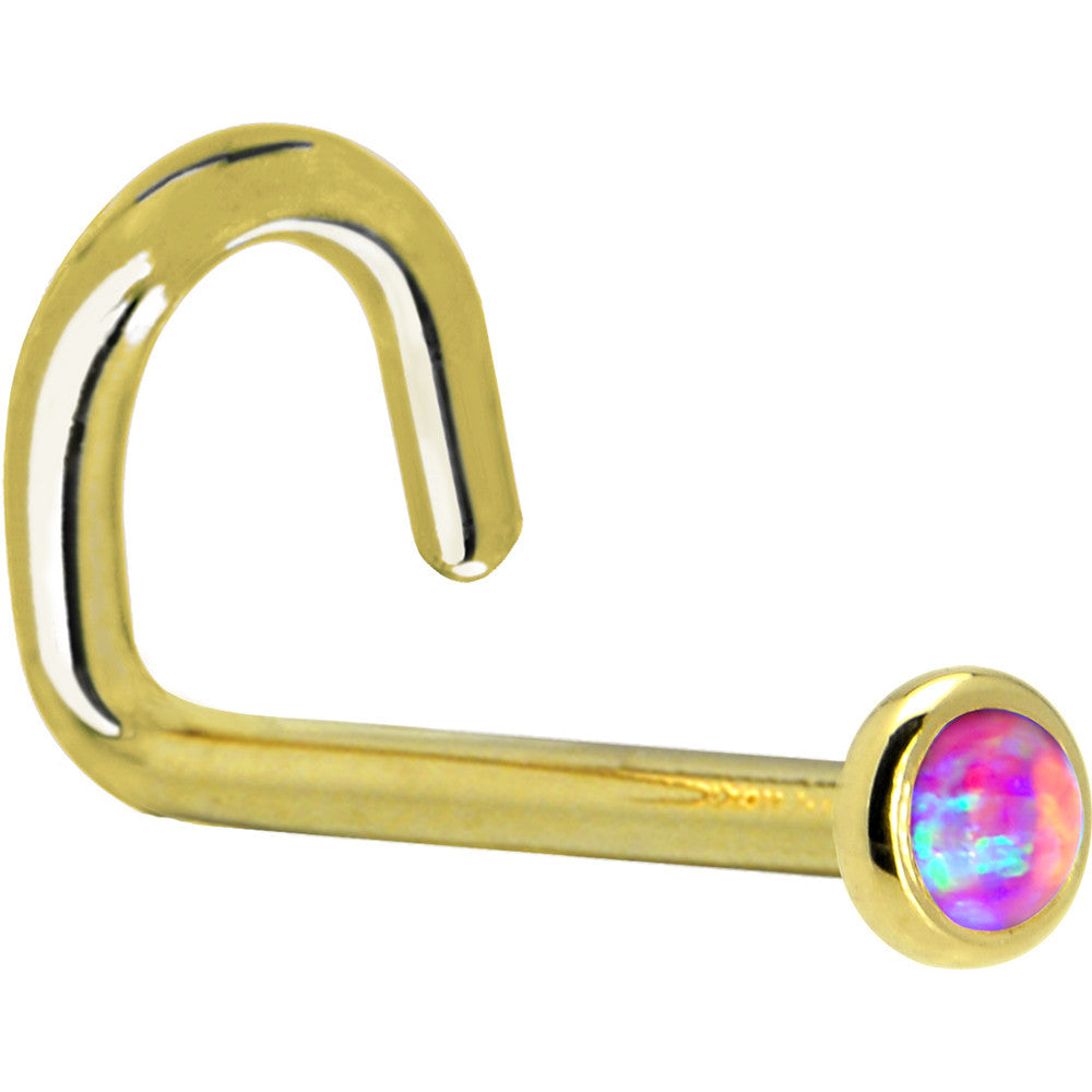 BodyCandy Solid 14K Yellow Gold 2mm Fuchsia Synthetic Opal Nose Ring — back view