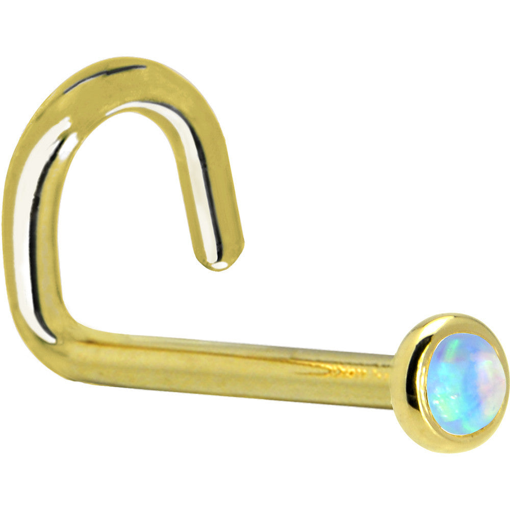 BodyCandy Solid 14K Yellow Gold 2mm Light Blue Synthetic Opal Nose Ring — back view