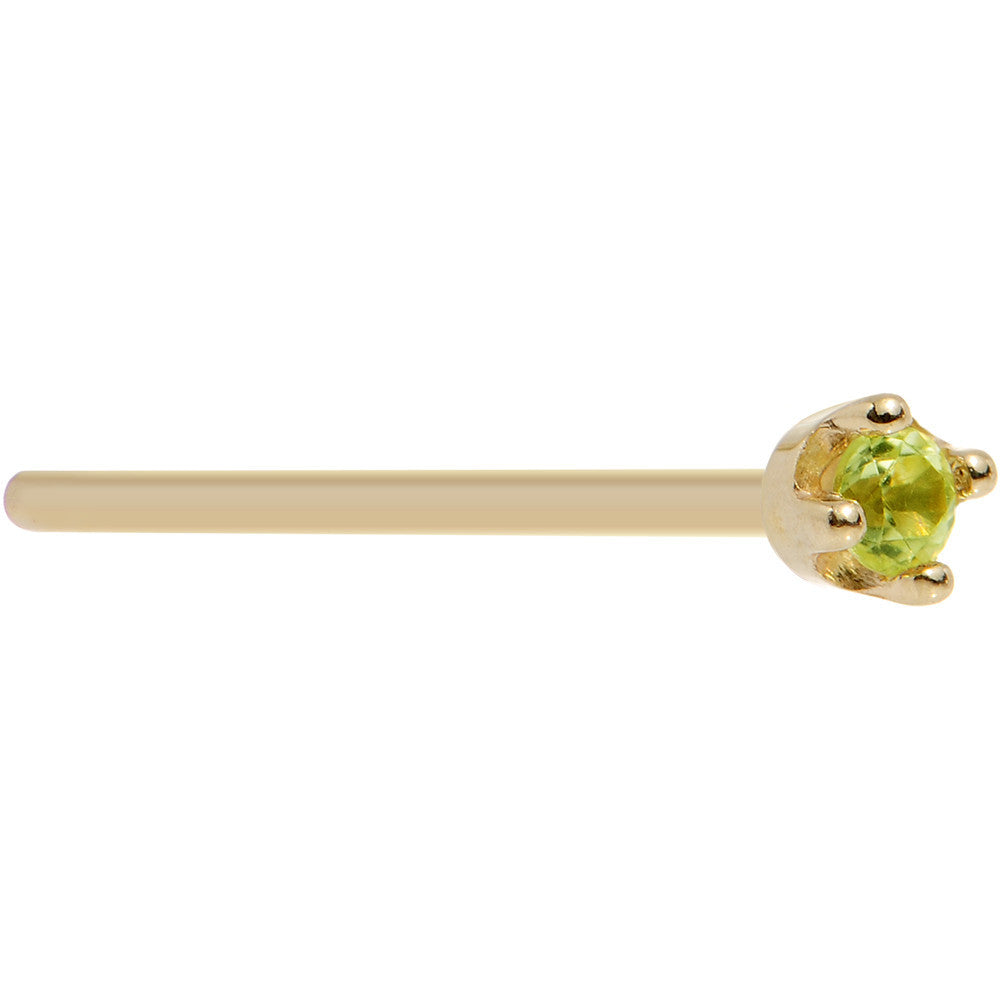 BodyCandy Solid 14K Yellow Gold 1.5mm Genuine Peridot Nose Ring — flat-lay composition