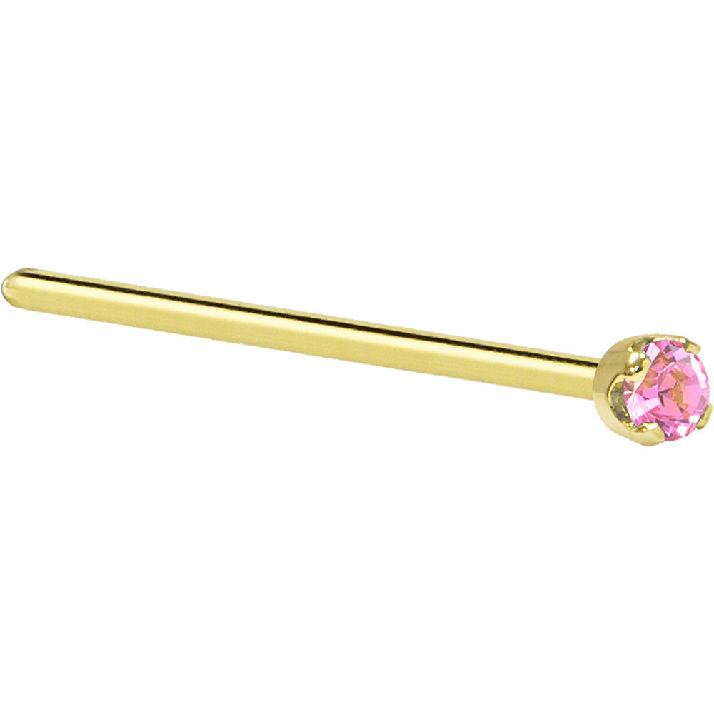 BodyCandy Solid 14K Yellow Gold 2mm Pink Cubic Zirconia Nose Ring — in-use photo