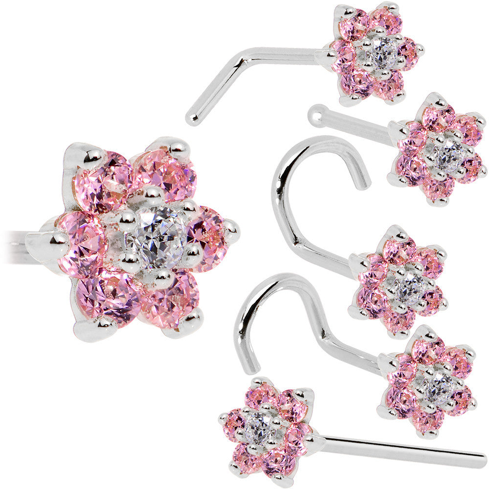 BodyCandy Solid 14K White Gold Pink and Clear Cubic Zirconia Flower Nose Ring — in-use photo
