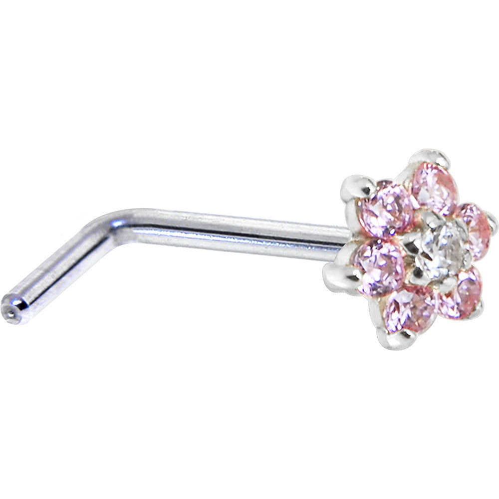 BodyCandy Solid 14K White Gold Pink and Clear Cubic Zirconia Flower Nose Ring — back view