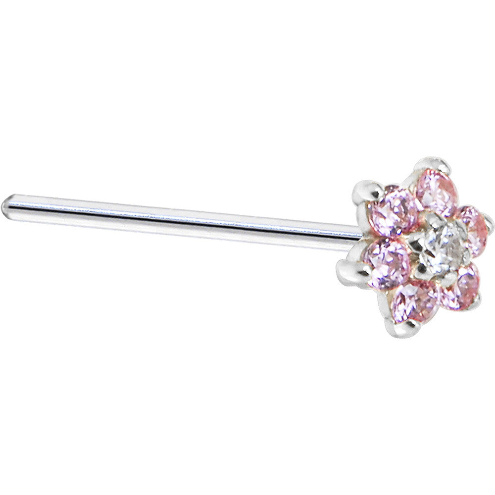 BodyCandy Solid 14K White Gold Pink and Clear Cubic Zirconia Flower Nose Ring — alternative angle