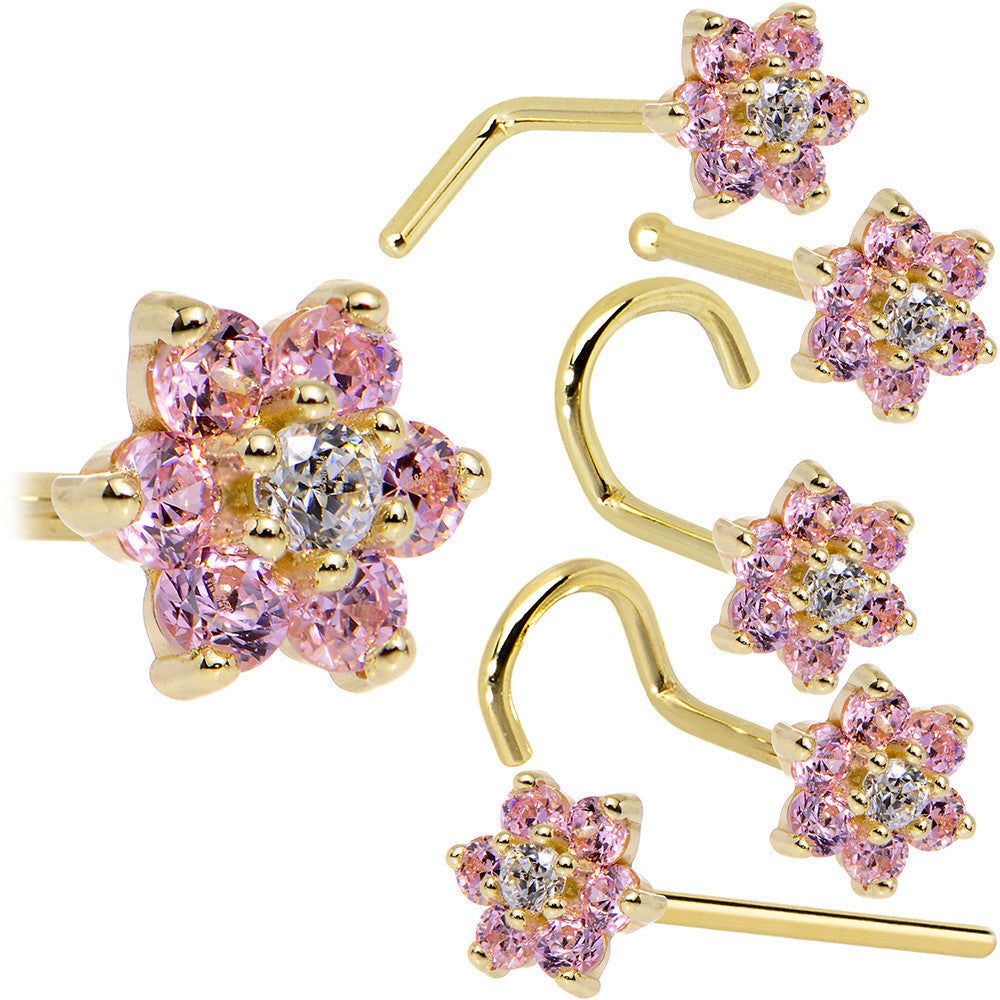 BodyCandy Solid 14K Yellow Gold Pink and Clear Cubic Zirconia Flower Nose Ring — in-use photo