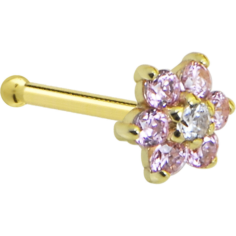 BodyCandy Solid 14K Yellow Gold Pink and Clear Cubic Zirconia Flower Nose Ring — side view