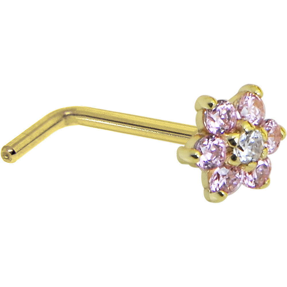 BodyCandy Solid 14K Yellow Gold Pink and Clear Cubic Zirconia Flower Nose Ring — back view