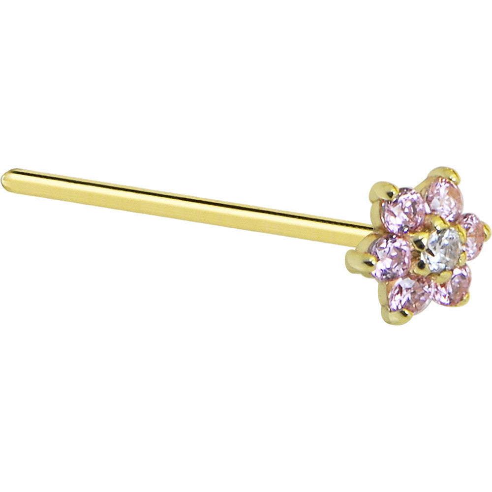 BodyCandy Solid 14K Yellow Gold Pink and Clear Cubic Zirconia Flower Nose Ring — alternative angle