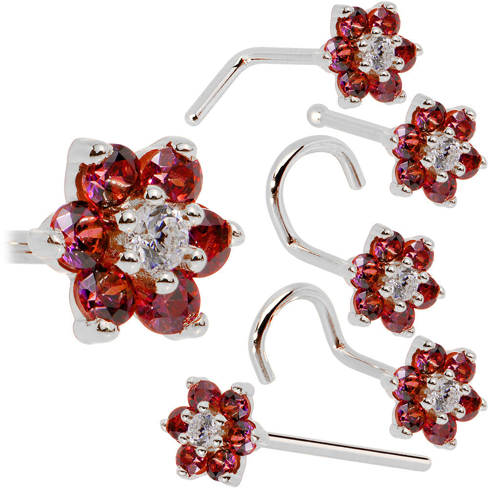 BodyCandy Solid 14K White Gold Red and Clear Cubic Zirconia Flower Nose Ring — in-use photo