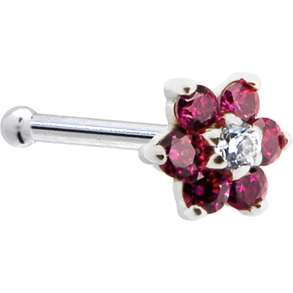 BodyCandy Solid 14K White Gold Red and Clear Cubic Zirconia Flower Nose Ring — side view