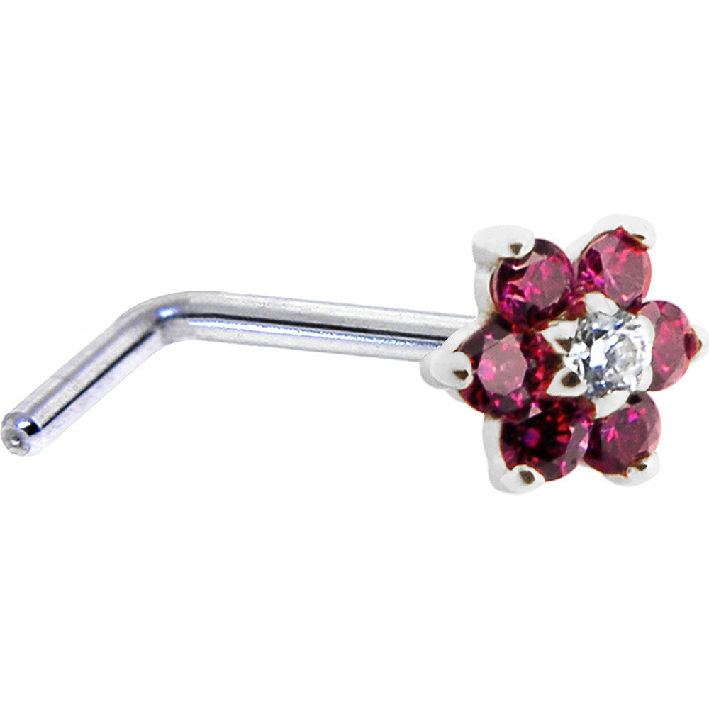 BodyCandy Solid 14K White Gold Red and Clear Cubic Zirconia Flower Nose Ring — back view