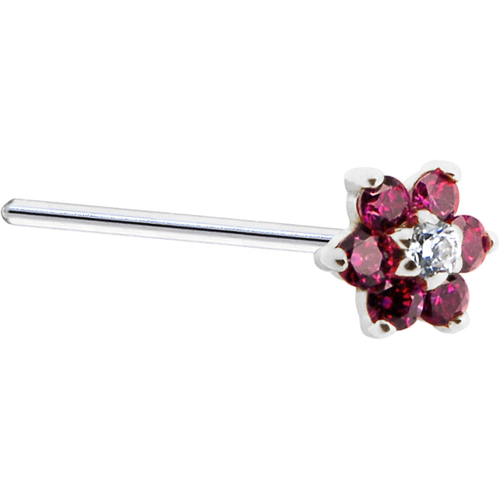 BodyCandy Solid 14K White Gold Red and Clear Cubic Zirconia Flower Nose Ring — alternative angle
