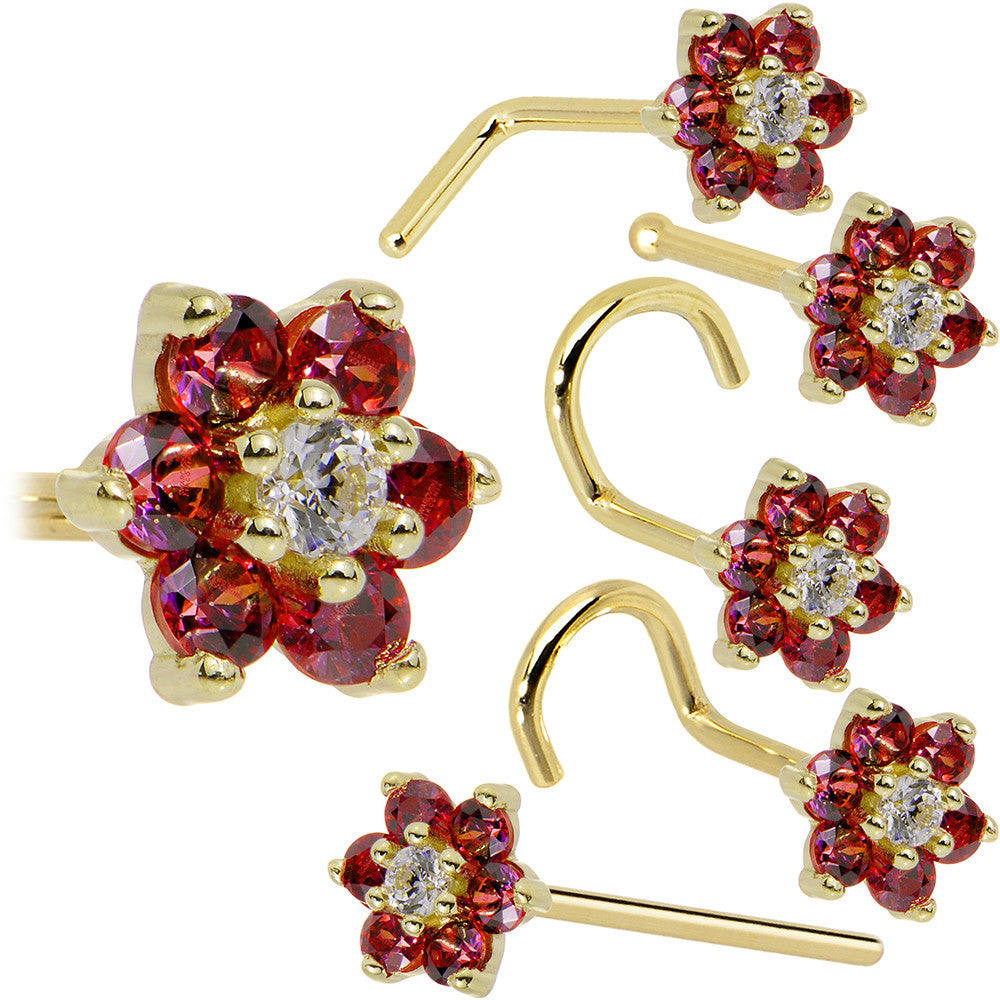 BodyCandy Solid 14K Yellow Gold Red and Clear Cubic Zirconia Flower Nose Ring — detail close-up