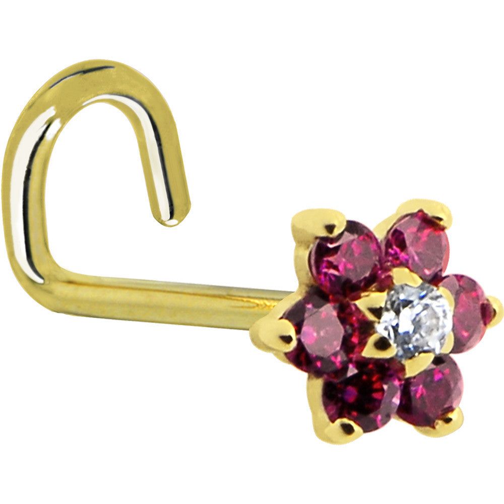 BodyCandy Solid 14K Yellow Gold Red and Clear Cubic Zirconia Flower Nose Ring — side view