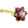 BodyCandy Solid 14K Yellow Gold Red and Clear Cubic Zirconia Flower Nose Ring — back view