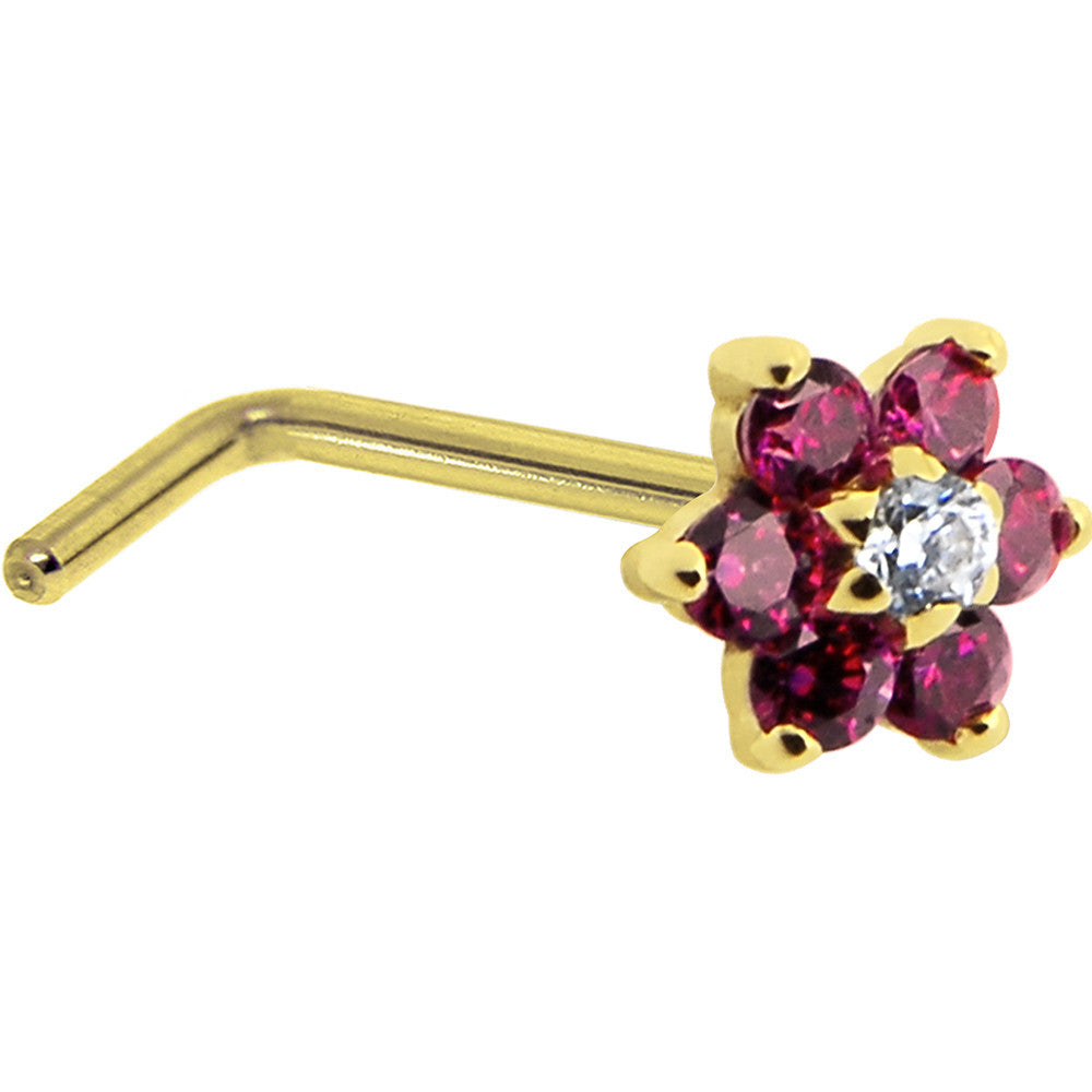 BodyCandy Solid 14K Yellow Gold Red and Clear Cubic Zirconia Flower Nose Ring — alternative angle