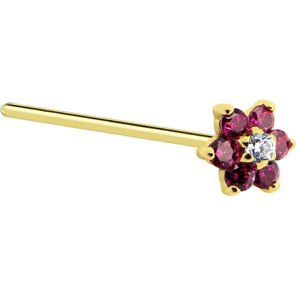 BodyCandy Solid 14K Yellow Gold Red and Clear Cubic Zirconia Flower Nose Ring — in-use photo