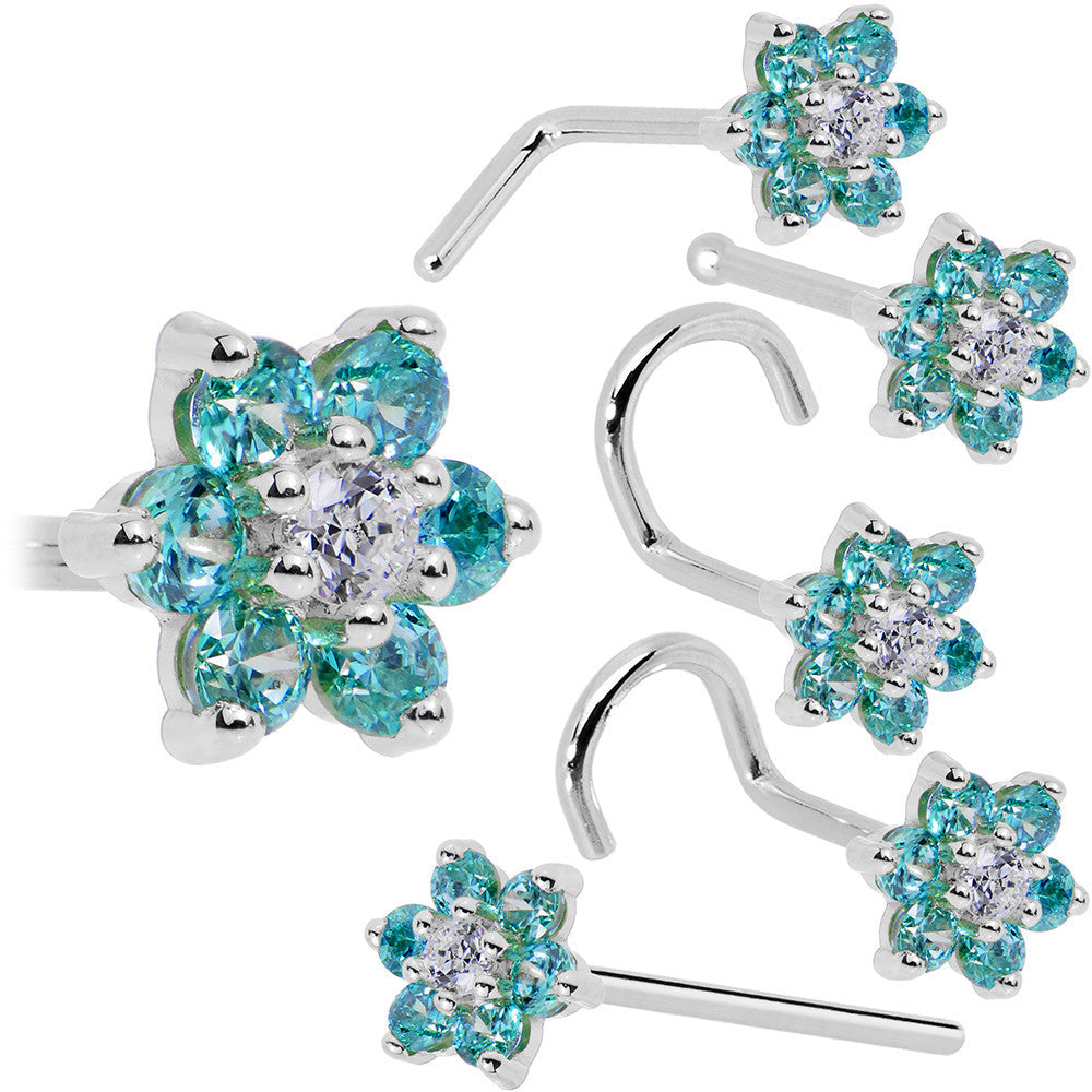 BodyCandy Solid 14K White Gold Mint Green and Clear Cubic Zirconia Flower Nose Ring — in-use photo