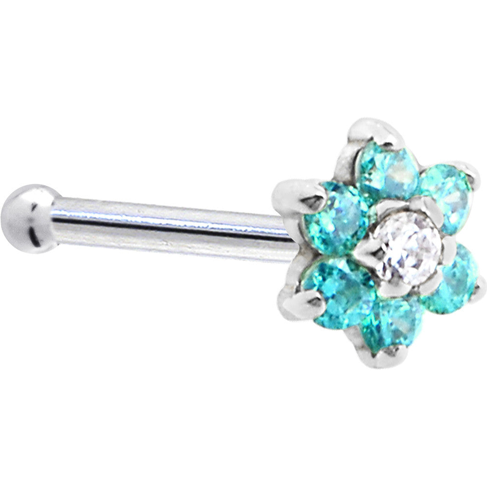 BodyCandy Solid 14K White Gold Mint Green and Clear Cubic Zirconia Flower Nose Ring — side view