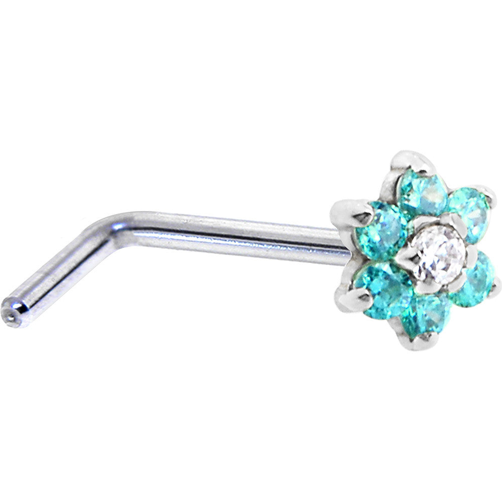 BodyCandy Solid 14K White Gold Mint Green and Clear Cubic Zirconia Flower Nose Ring — back view