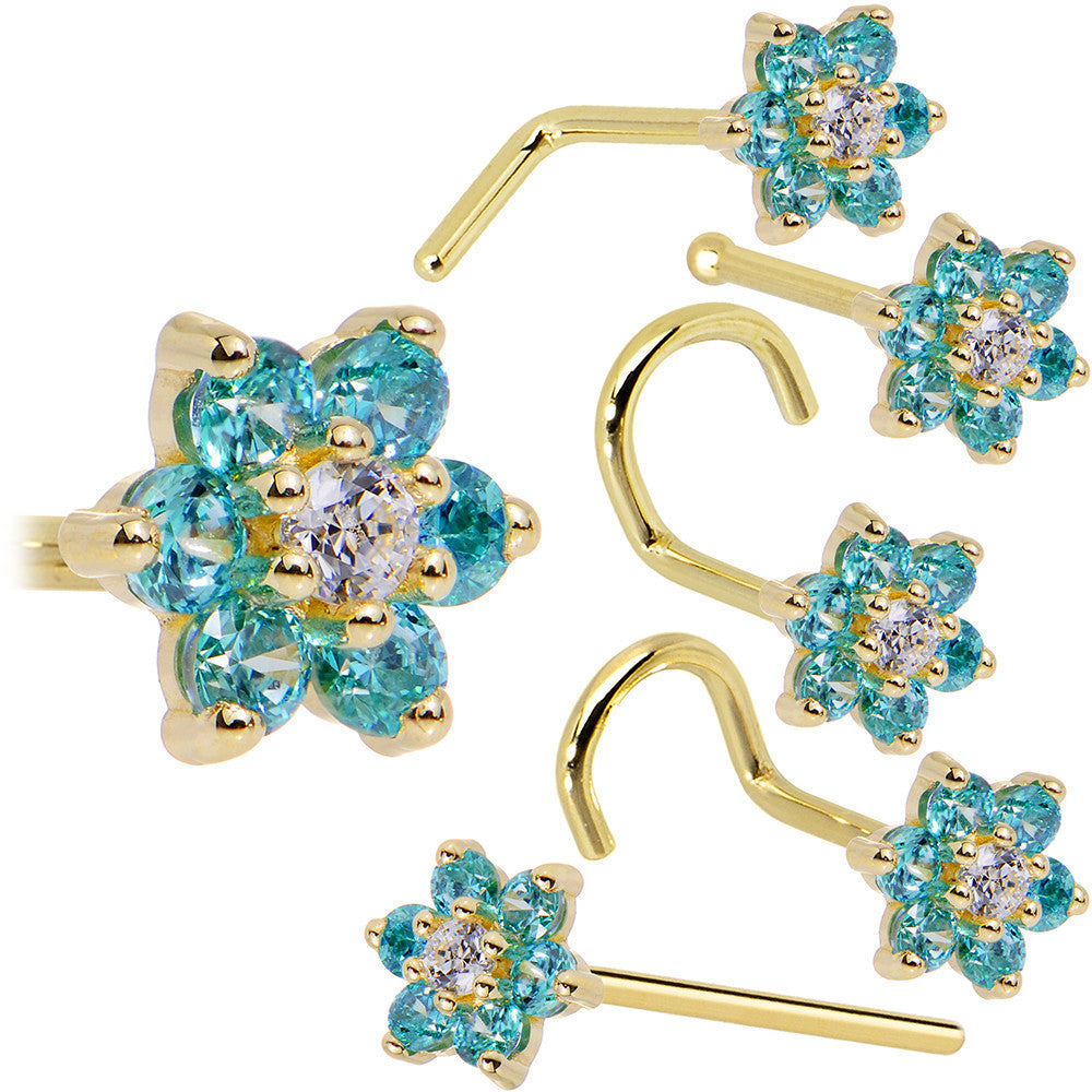 BodyCandy Solid 14K Yellow Gold Mint Green and Clear Cubic Zirconia Flower Nose Ring — in-use photo