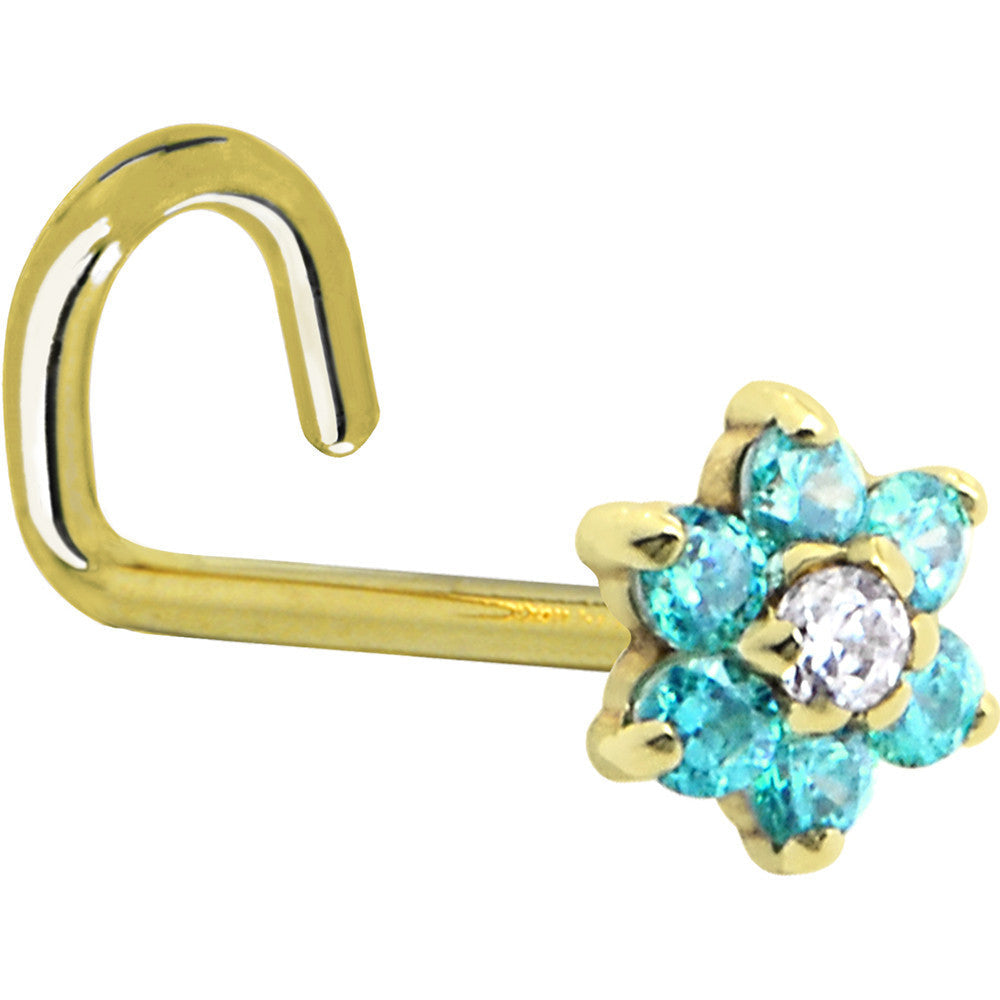 BodyCandy Solid 14K Yellow Gold Mint Green and Clear Cubic Zirconia Flower Nose Ring — lifestyle context