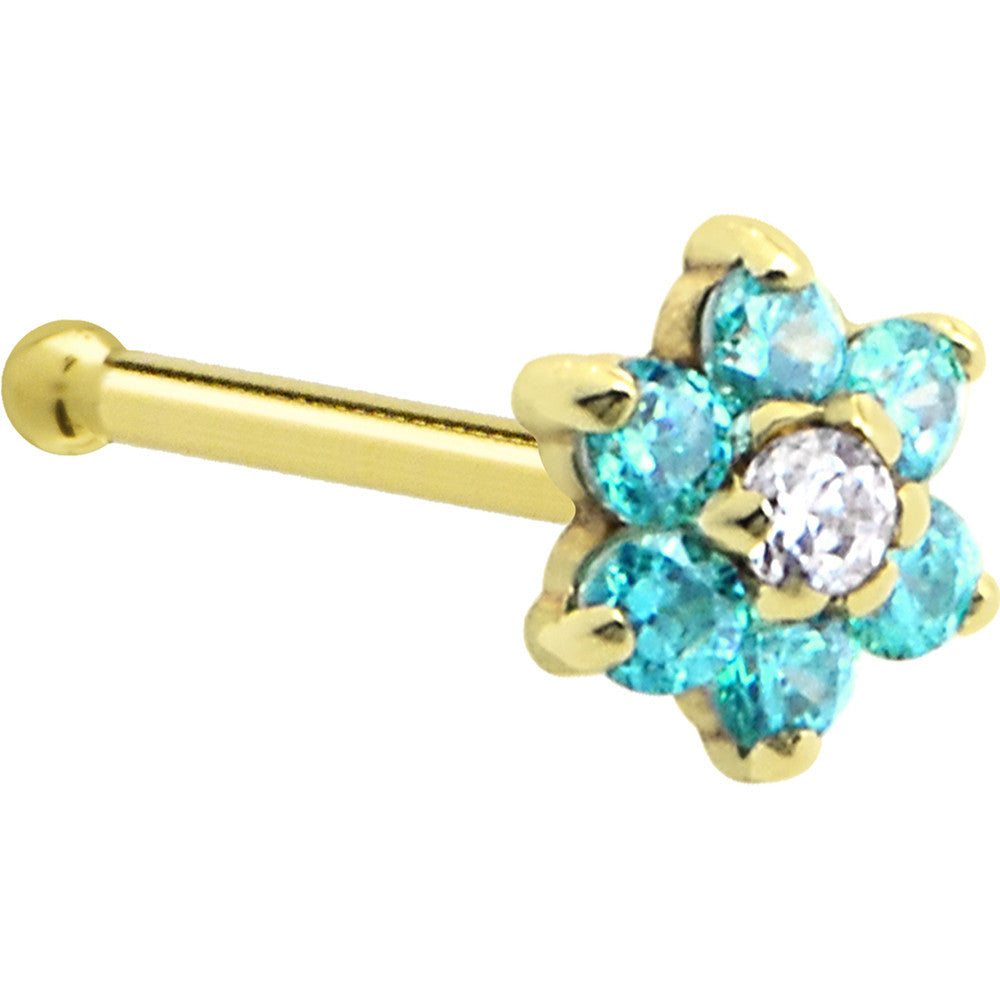BodyCandy Solid 14K Yellow Gold Mint Green and Clear Cubic Zirconia Flower Nose Ring — side view