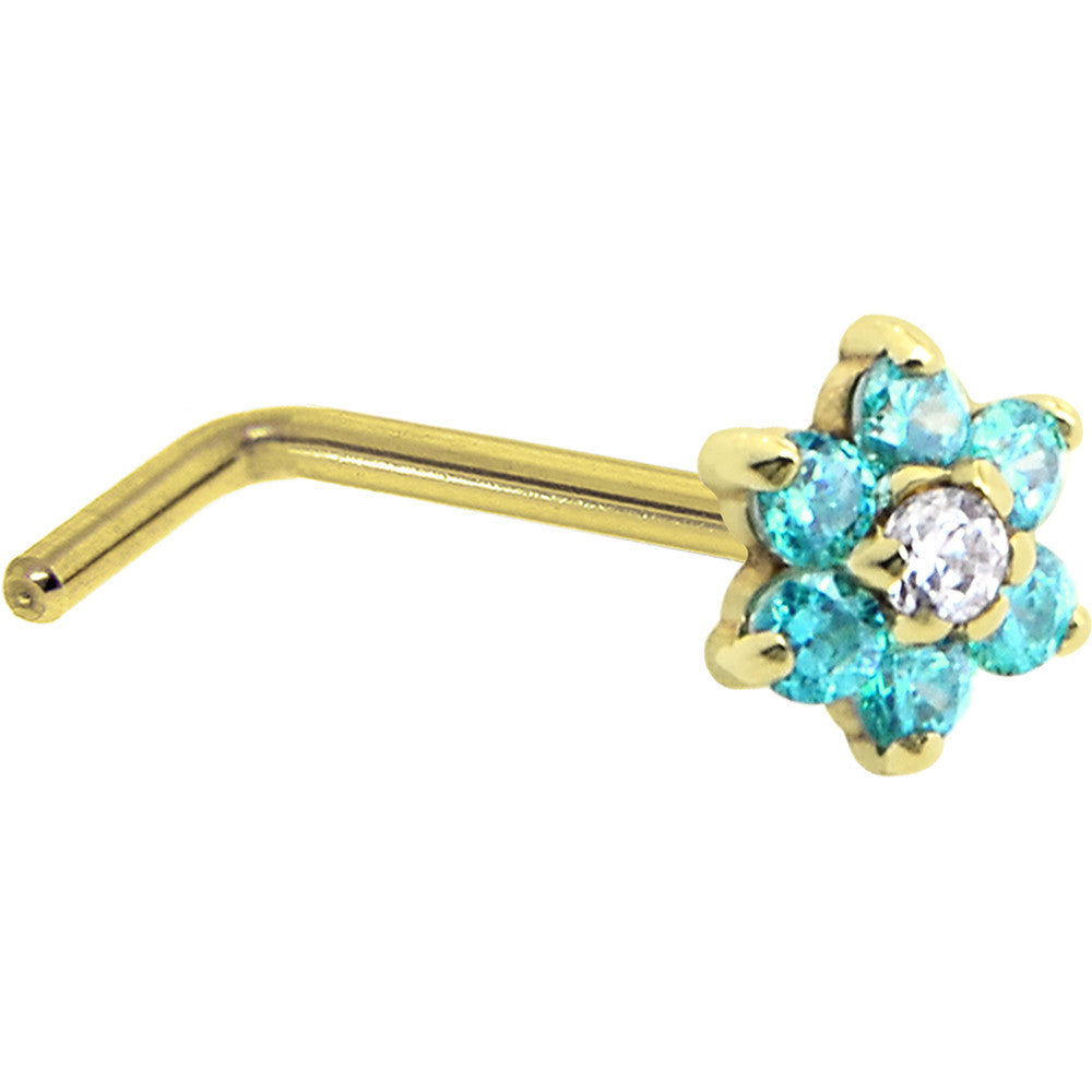 BodyCandy Solid 14K Yellow Gold Mint Green and Clear Cubic Zirconia Flower Nose Ring — back view