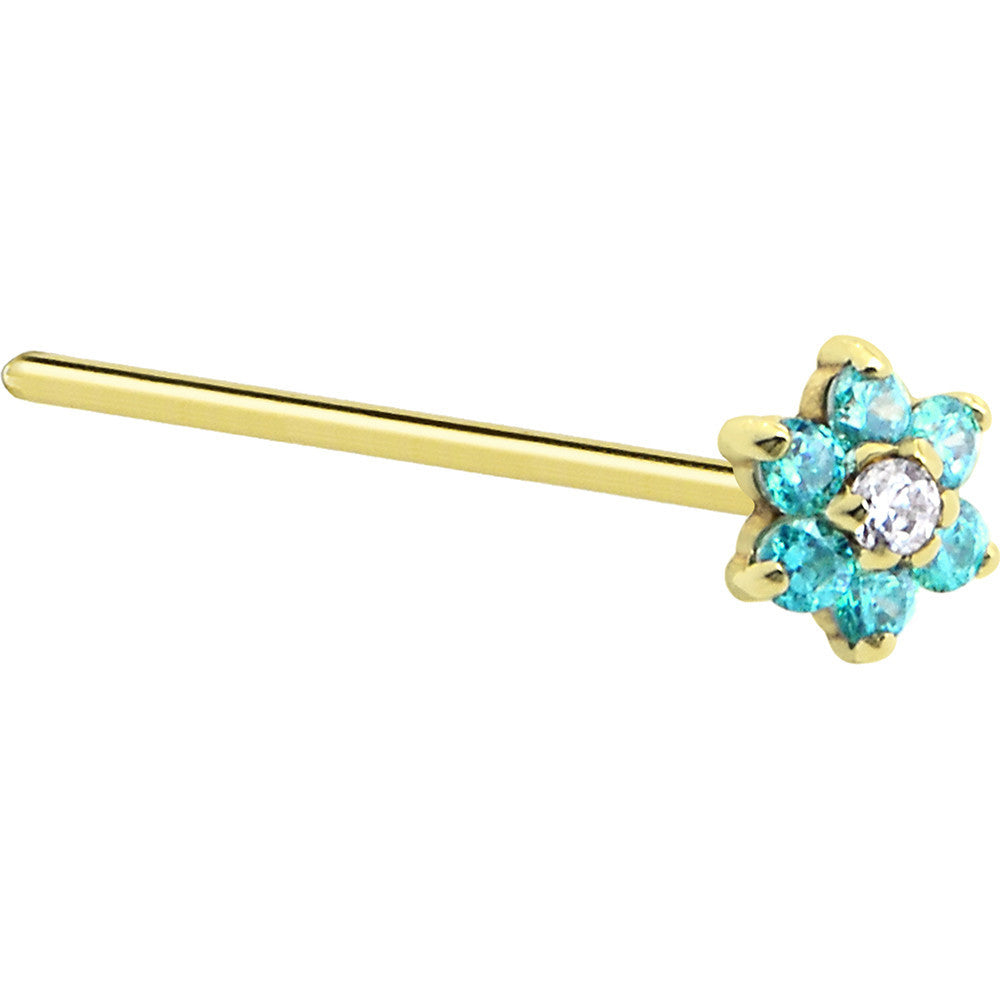 BodyCandy Solid 14K Yellow Gold Mint Green and Clear Cubic Zirconia Flower Nose Ring — alternative angle