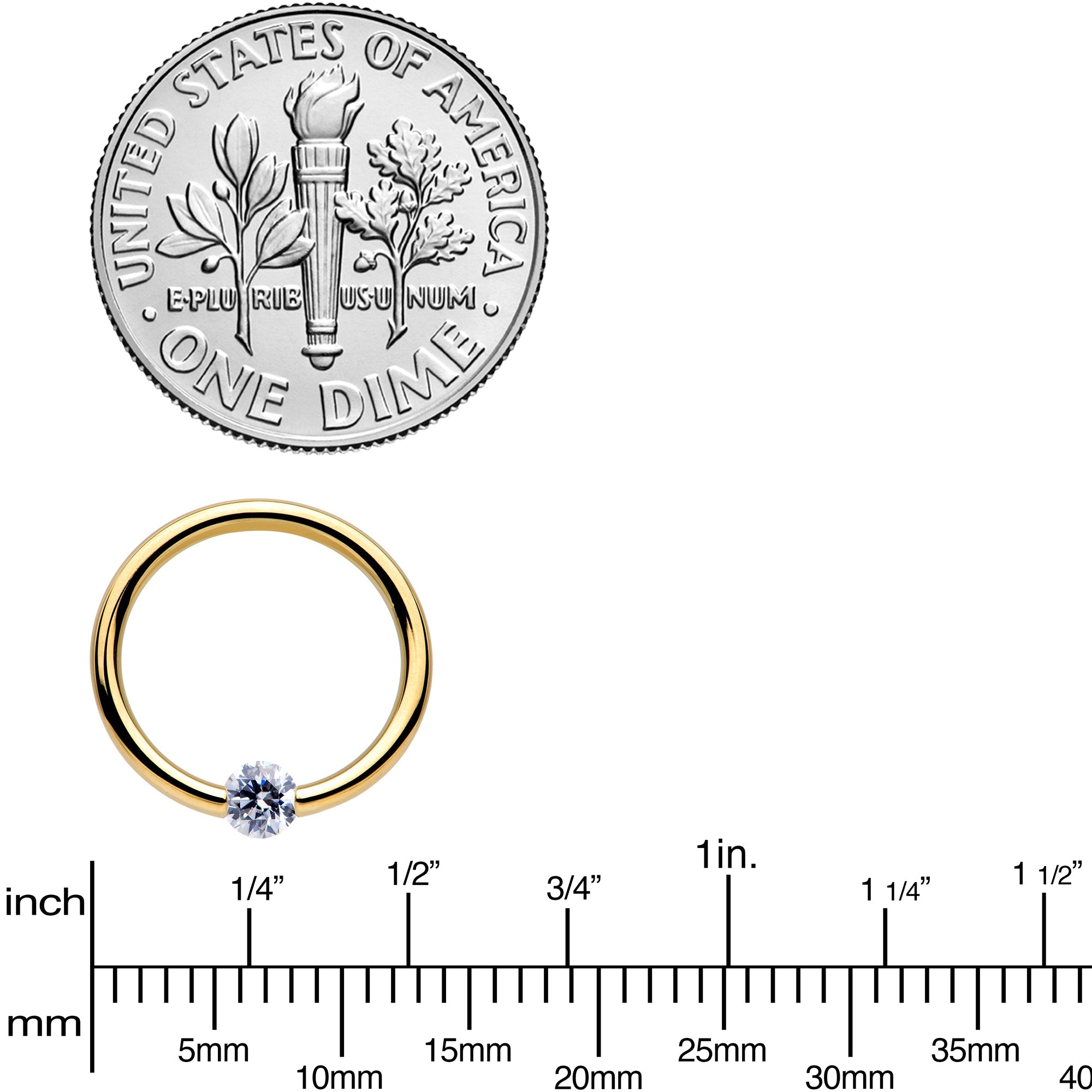 BodyCandy 16G 3/8 Solid 14k Yellow Gold 3mm Clear Cubic Zirconia Tension Captive Ring — side view