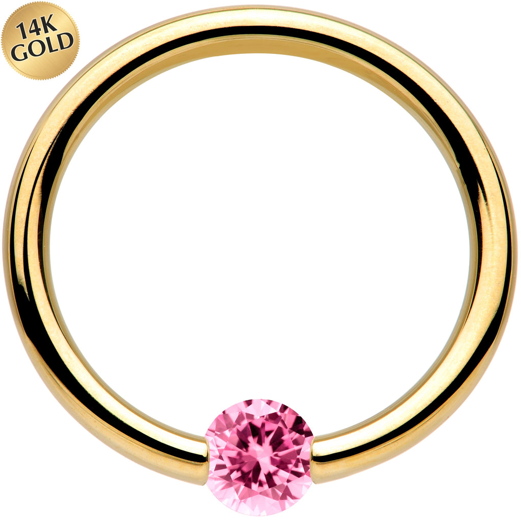 BodyCandy 16G 3/8 Solid 14k Yellow Gold 3mm Pink Cubic Zirconia Tension Captive Ring — main product shot