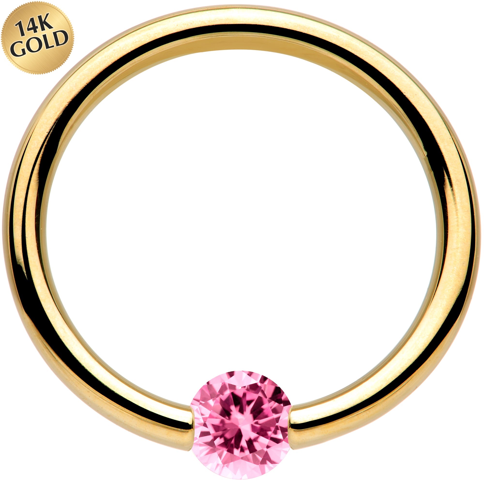 BodyCandy 16G 3/8 Solid 14k Yellow Gold 3mm Pink Cubic Zirconia Tension Captive Ring — main product shot