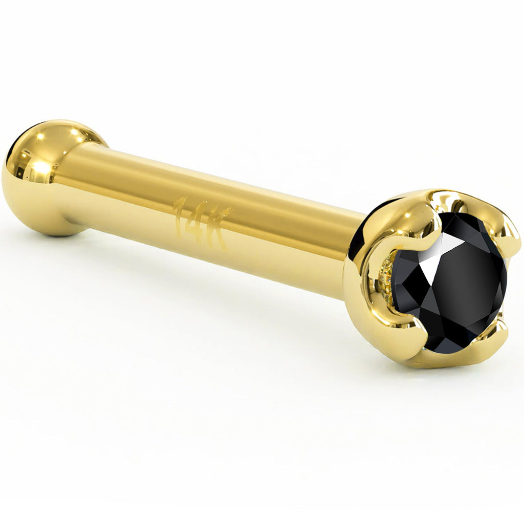 BodyCandy Solid 14K Yellow Gold 1.5mm Genuine Black Diamond Nose Ring — detail close-up