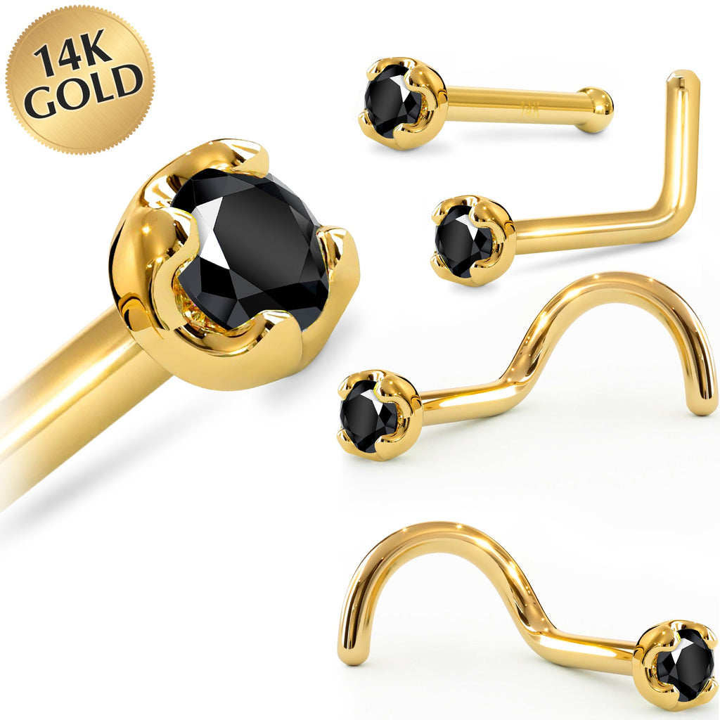 BodyCandy Solid 14K Yellow Gold 1.5mm Genuine Black Diamond Nose Ring — main product shot