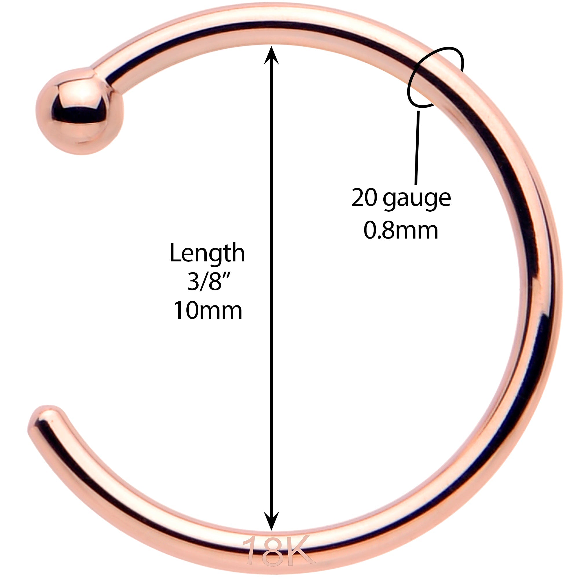 BodyCandy 20G 3/8 Solid 18K Rose Gold Nose Hoop — back view