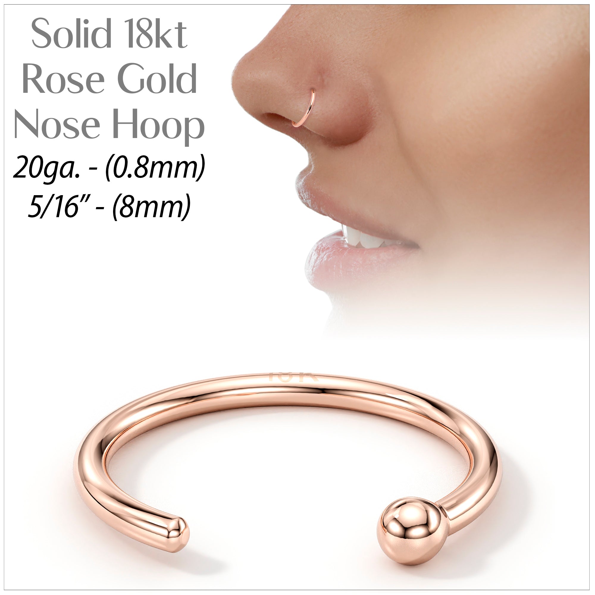 BodyCandy 20G 5/16 Solid 18K Rose Gold Nose Hoop — detail close-up