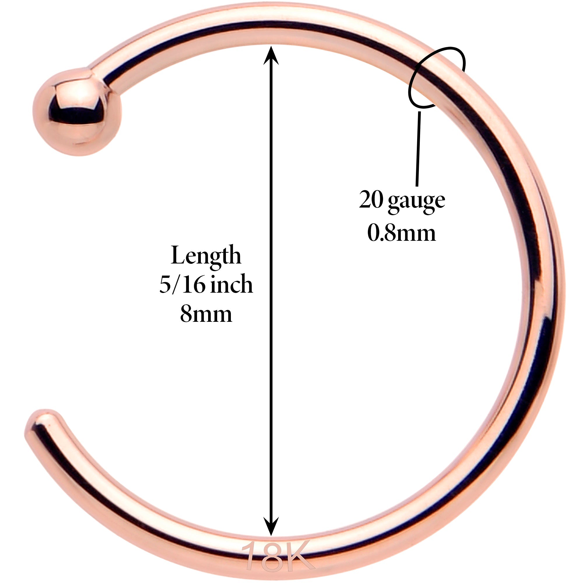 BodyCandy 20G 5/16 Solid 18K Rose Gold Nose Hoop — back view