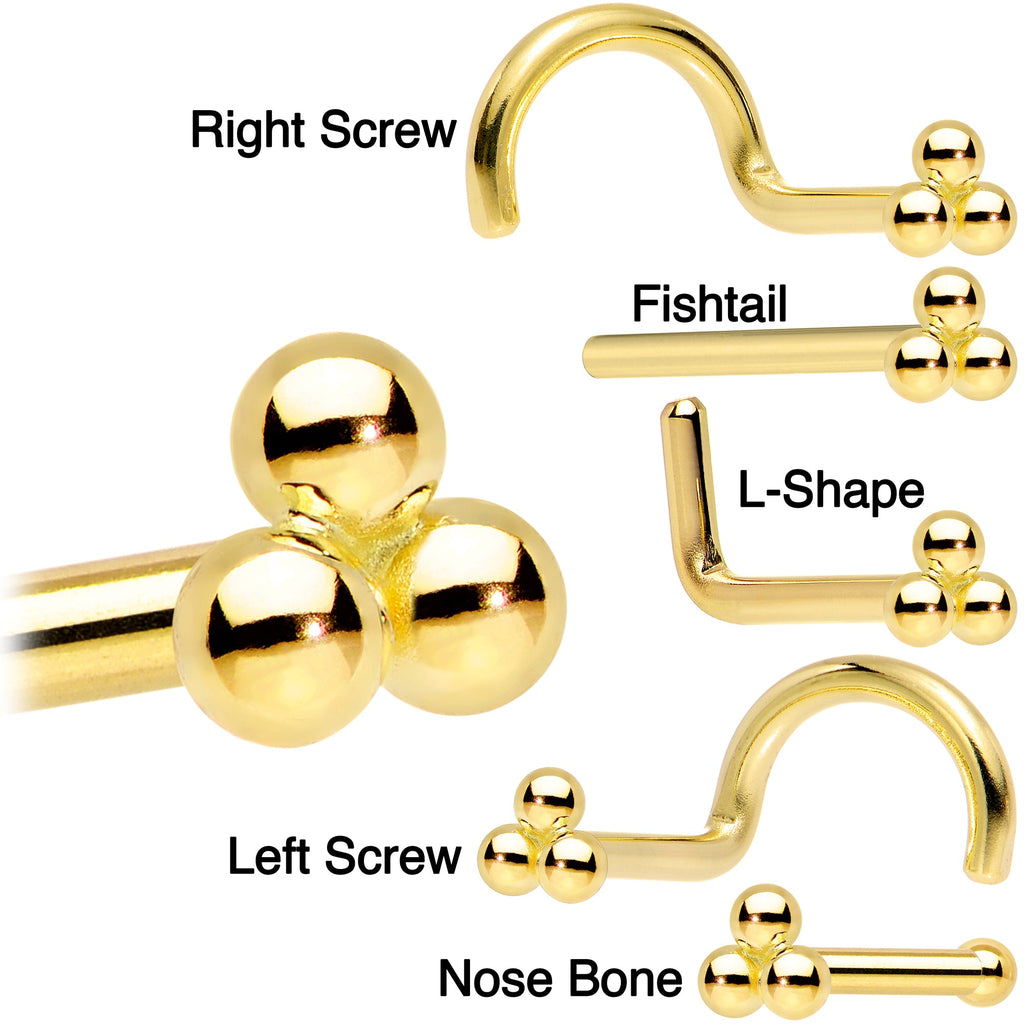 BodyCandy 14k Yellow Gold 3mm Trinity Nose Ring — detail close-up