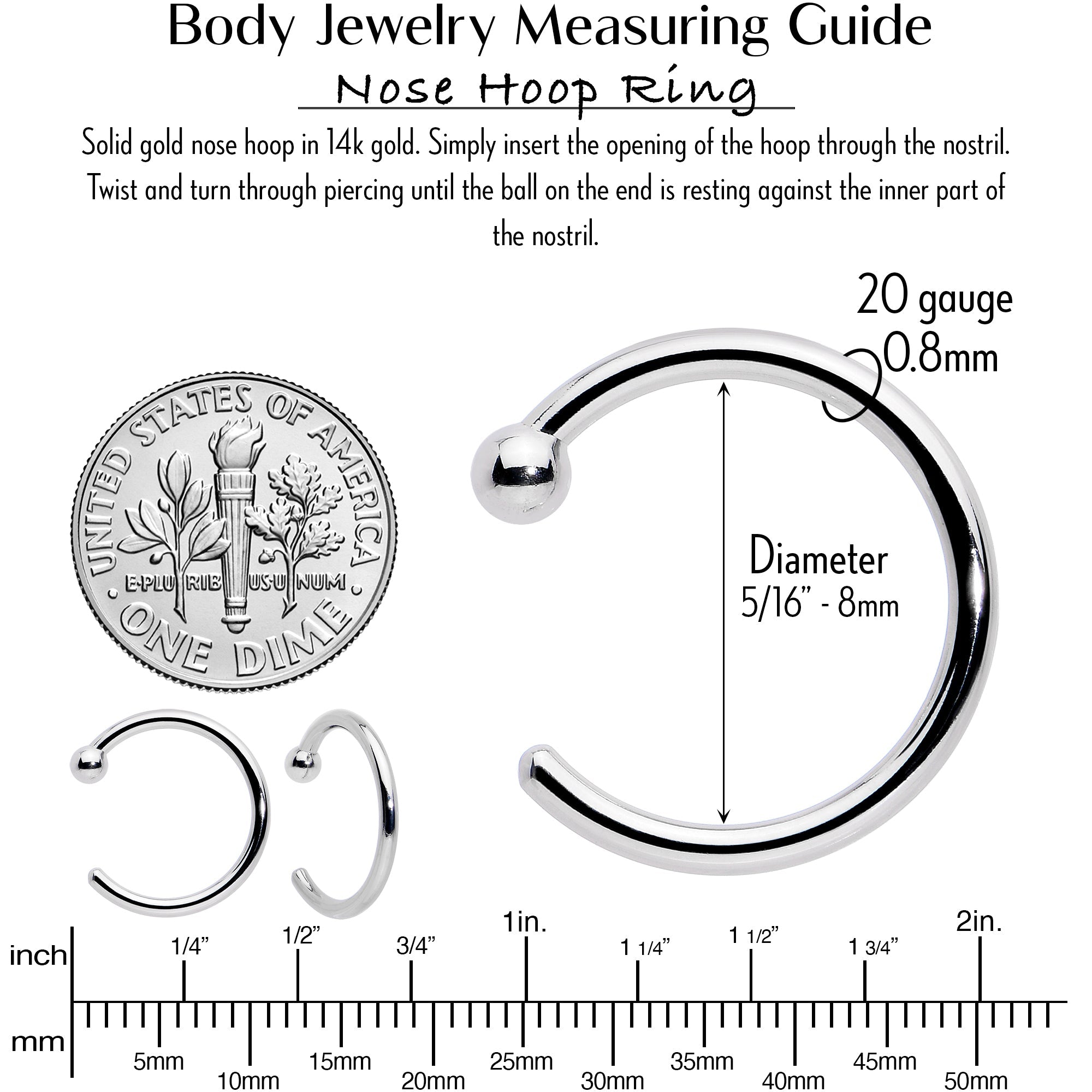 BodyCandy 20G 5/16 Solid 14K White Gold Nose Hoop — side view