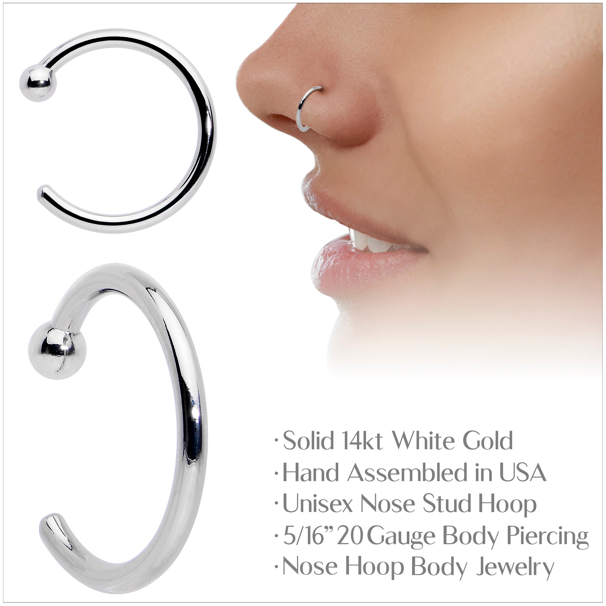 BodyCandy 20G 5/16 Solid 14K White Gold Nose Hoop — in-use photo