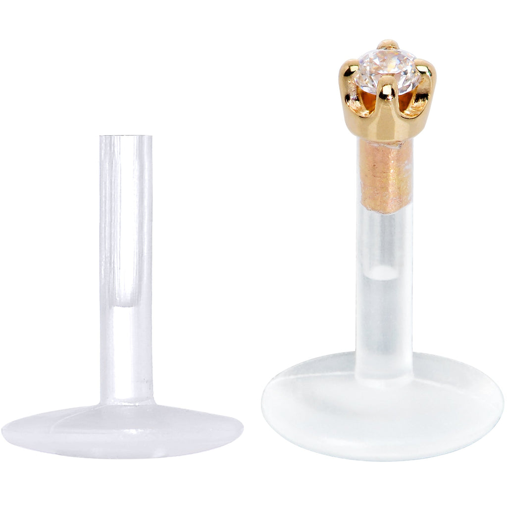 BodyCandy 16G 1/4 Solid 14K Yellow Gold 1.5mm CZ Bioplast Push in Cartilage Earring — detail close-up