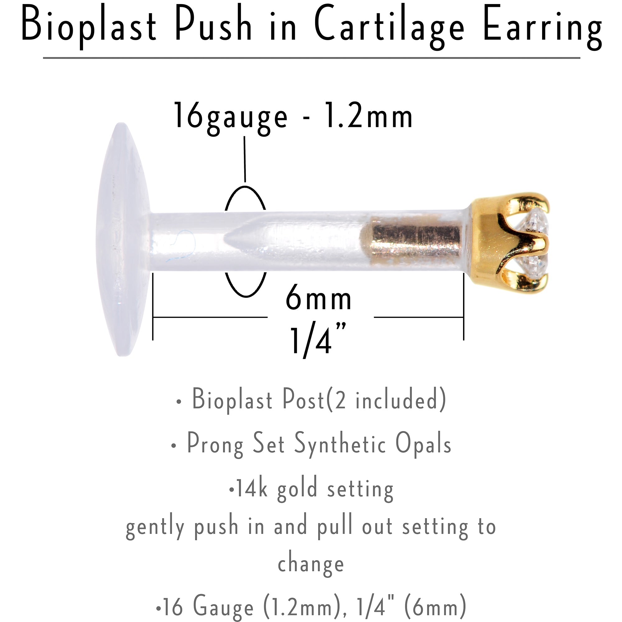 BodyCandy 16G 1/4 Solid 14K Yellow Gold 1.5mm CZ Bioplast Push in Cartilage Earring — side view