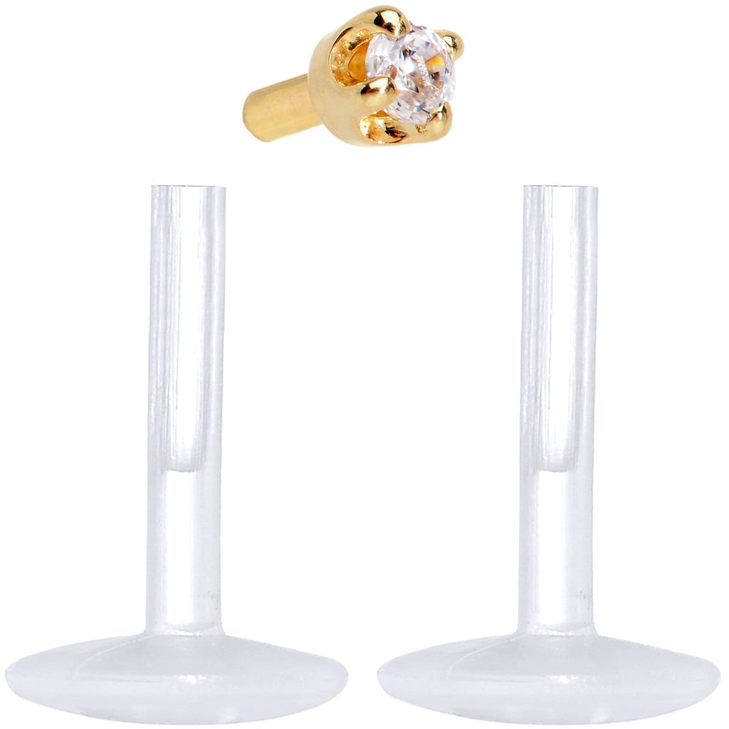 BodyCandy 16G 1/4 Solid 14K Yellow Gold 1.5mm CZ Bioplast Push in Cartilage Earring — product on model