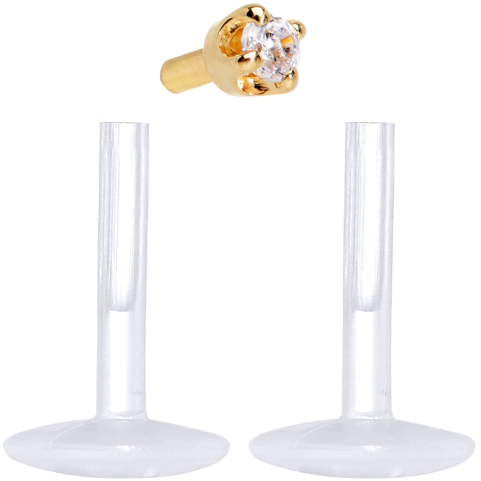 BodyCandy 16G 1/4 Solid 14K Yellow Gold 1.5mm CZ Bioplast Push in Cartilage Earring — product on model