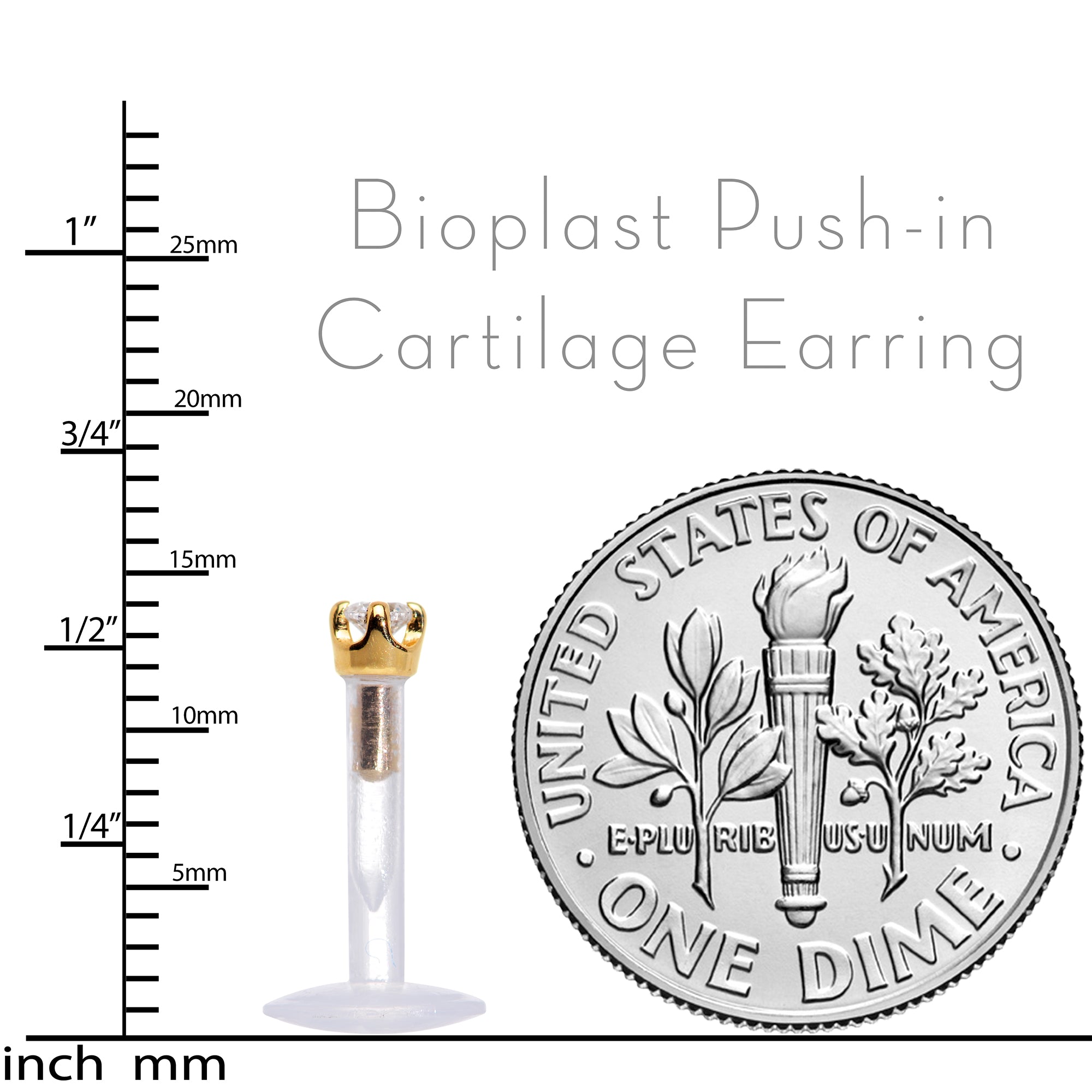 BodyCandy 16G 1/4 Solid 14K Yellow Gold 1.5mm CZ Bioplast Push in Cartilage Earring — flat-lay composition