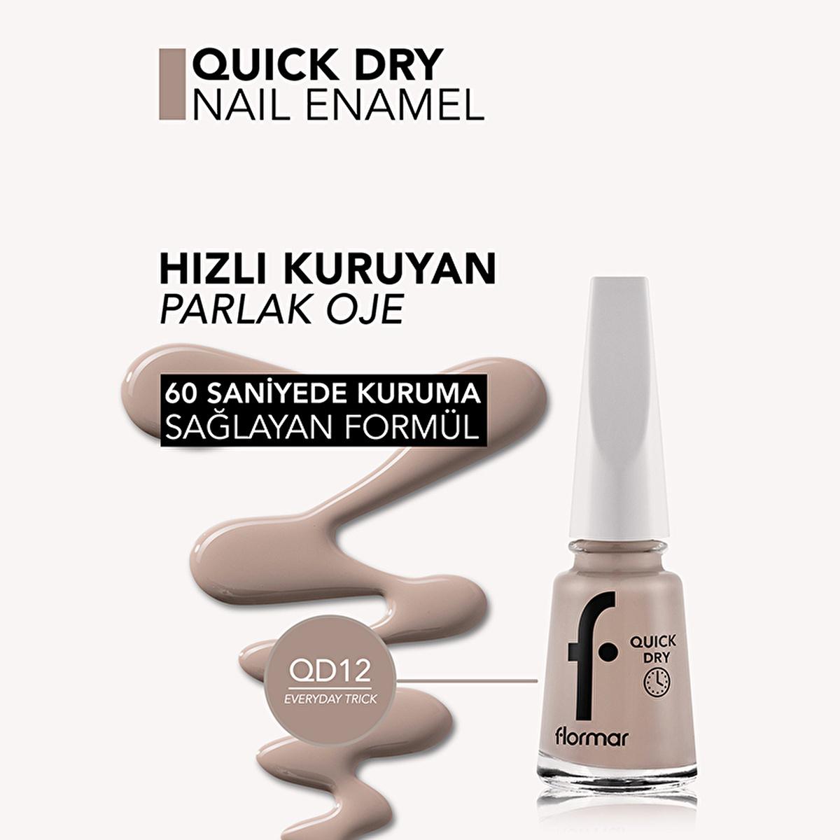 Flormar Quick Dry Nail Polish - QD12 Everyday Trick Nude Pink - 60 Second Fast Drying, High Pigment, Long Lasting Manicure