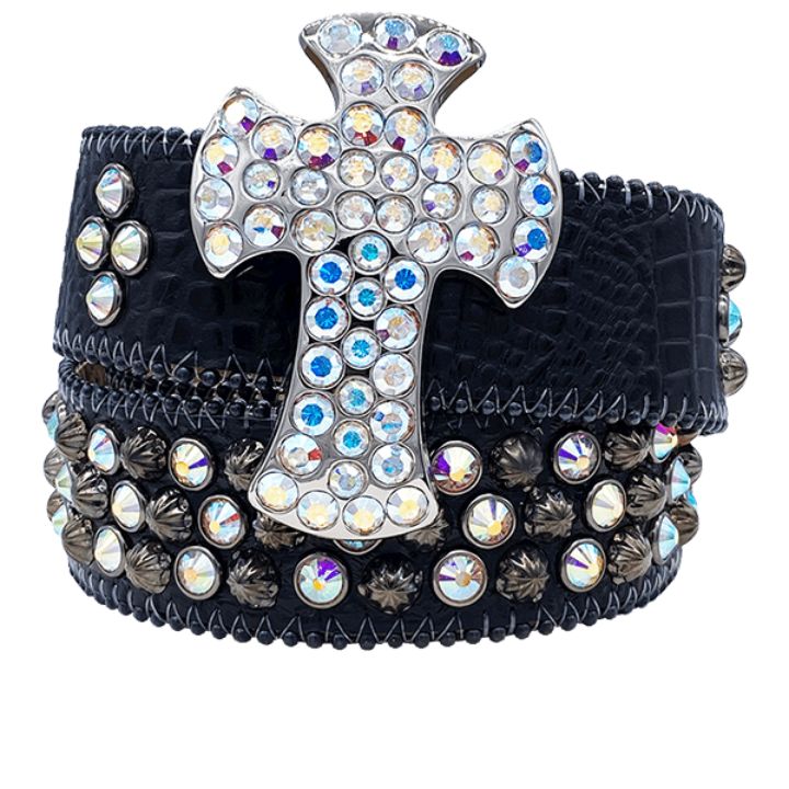 Rhinestone Belt Store Rhinestone Belt Store Black Leather Strap with Cross Rhinestones Rhinestones —… — main product shot