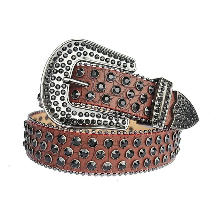 Rhinestone Belt Store Rhinestone Belt Store Brown Textured Strap with Black Rhinestones Rhinestones… — main product shot