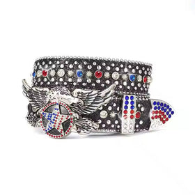 Rhinestone Belt Store Black Strap with American Eagle Star Rhinestones…