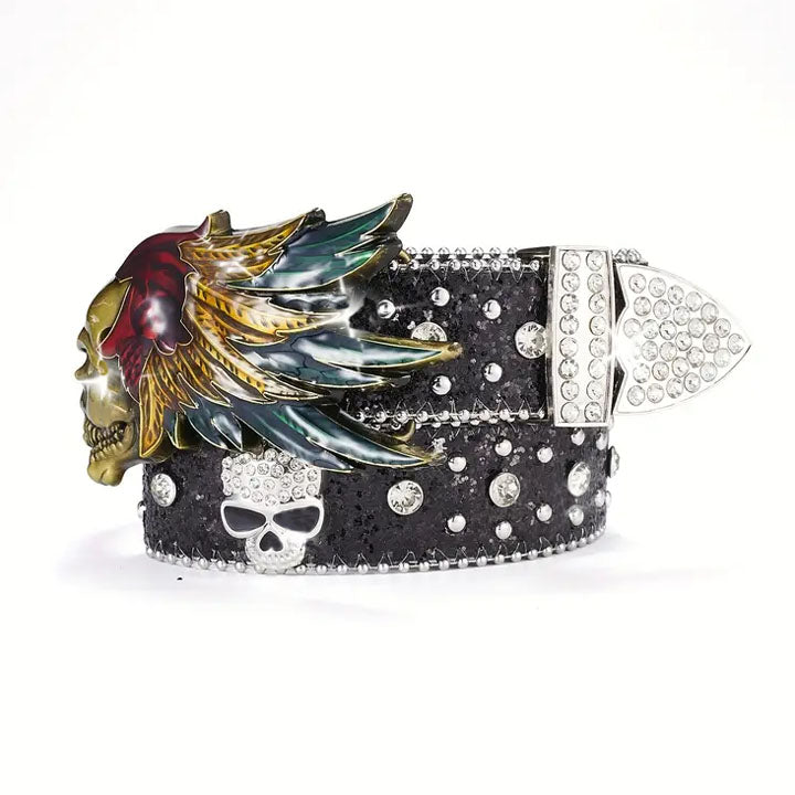 Rhinestone Belt Store Rhinestone Belt Store Black Strap with Black with Feather Wings Rhinestones —… — main product shot